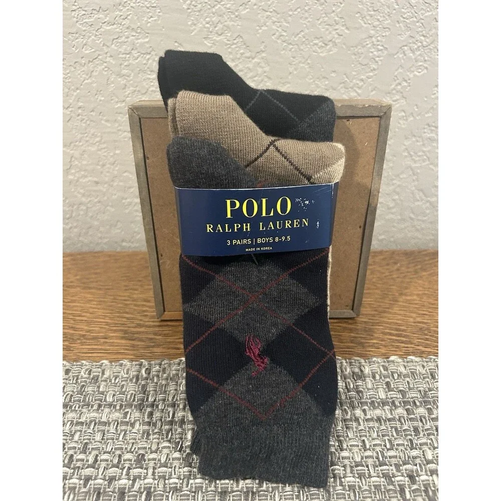 Polo Ralph Lauren Boys Trouser Socks 3 Pair Argyle Black Gray Tan Size 8 - 9.5